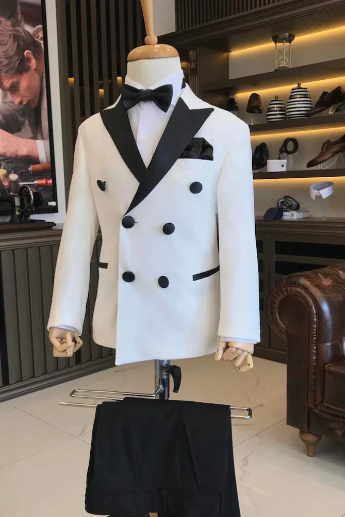 Boys Tuxedo Double Breasted two Piece Suit White With Black Pant Classic Kids Suits