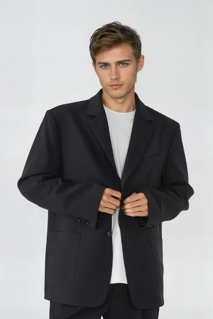 Men Black Loose Fit Casual 2 Piece Suit Relaxed Fit Semi Formal Events Suit Casual Business Attire