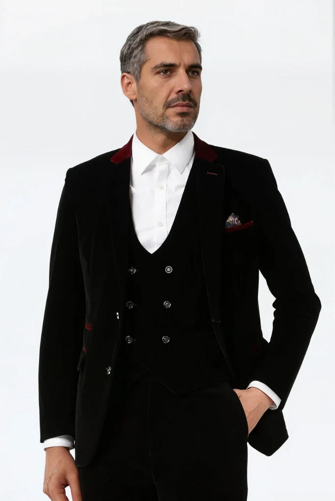 Men Velvet Black Three Piece Suit Groom Elegant Suit Parties & Festive Events Suit
