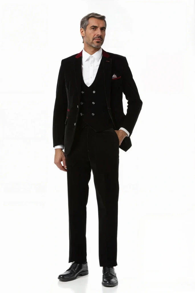 Men Velvet Black Three Piece Suit Groom Elegant Suit Parties & Festive Events Suit