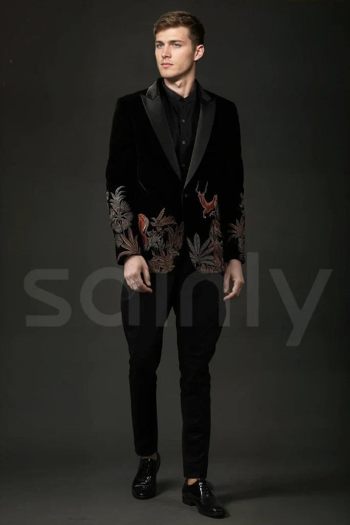 Men Elegant Black Velvet Embroidery Two Piece Suit & Groom Wedding Designer Suit Party Wear Suit Dinner Suit