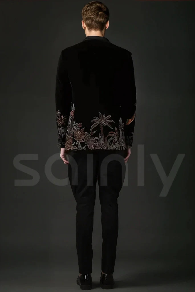 Men Elegant Black Velvet Embroidery Two Piece Suit & Groom Wedding Designer Suit Party Wear Suit Dinner Suit