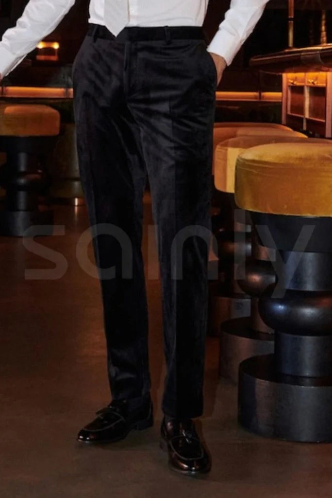 Men Black Velvet Evening Grooming Wedding Pant And Stylish Dinner Night Party Trousers