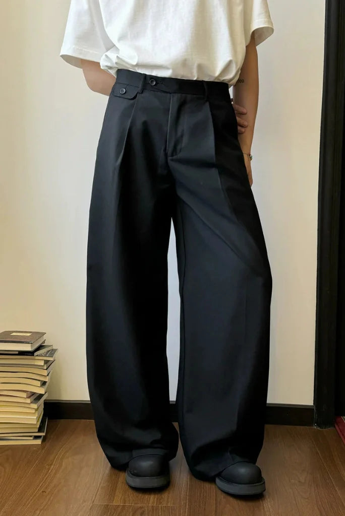 Men Black Wide Leg Pleated Pant Elegant High-Waisted Trousers & Relaxed Fit Pants