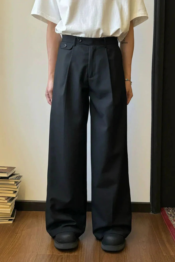 Men Black Wide Leg Pleated Pant Elegant High-Waisted Trousers & Relaxed Fit Pants