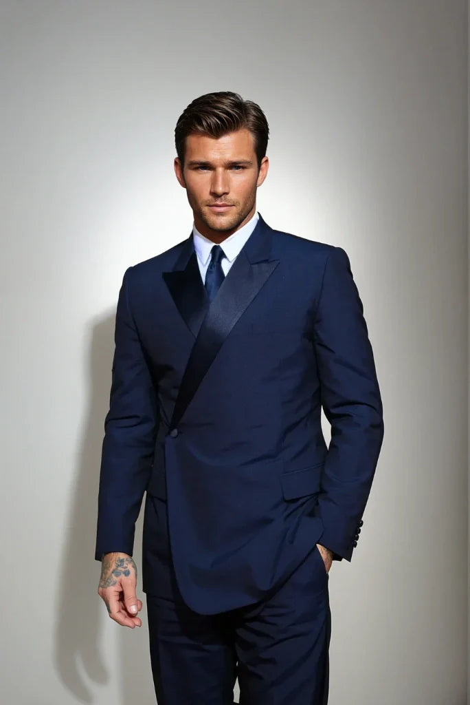 Men Double Breasted Tuxedo Navy Blue Two Piece Suit Business Meeting Suit Perfect For Parties Festive Gatherings & Especially Evening Events Suit
