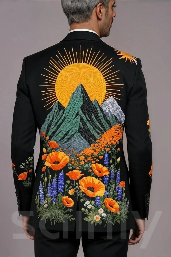 Men Elegant Black Three Piece Custom Made Suit & Stylish Sunrise Embroidery Country Western Prom Party Cocktail Outfit