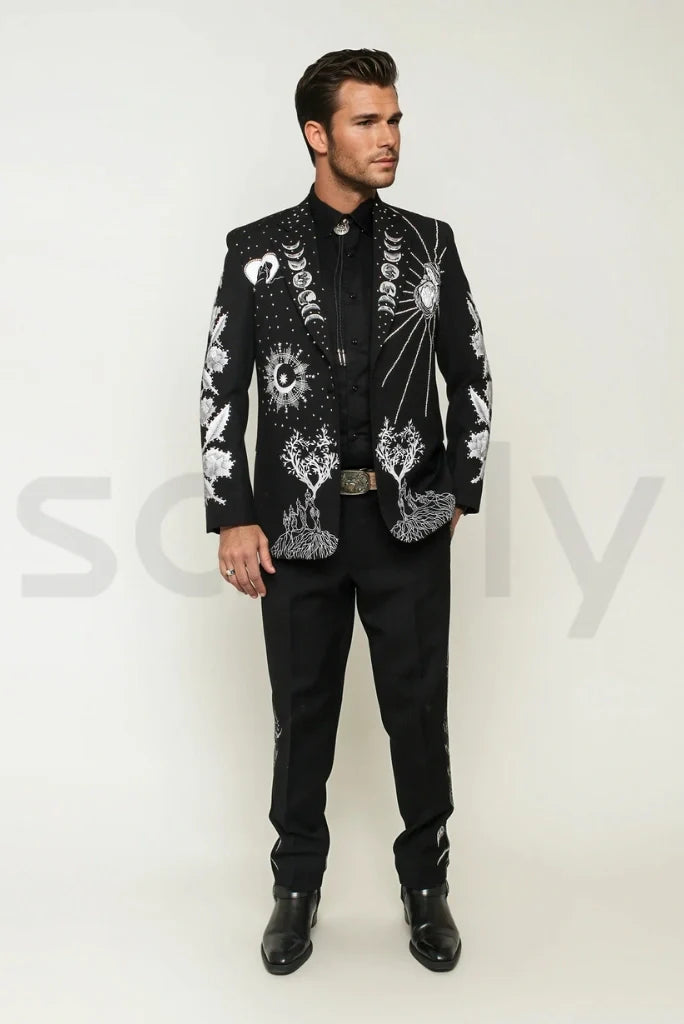 Men Celestial Root Western Suit Stylish Mother Inspired Embroidery Custom Two Piece Black Suits & Wedding Wear Suit