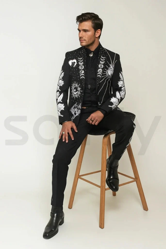 Men Celestial Root Western Suit Stylish Mother Inspired Embroidery Custom Two Piece Black Suits & Wedding Wear Suit