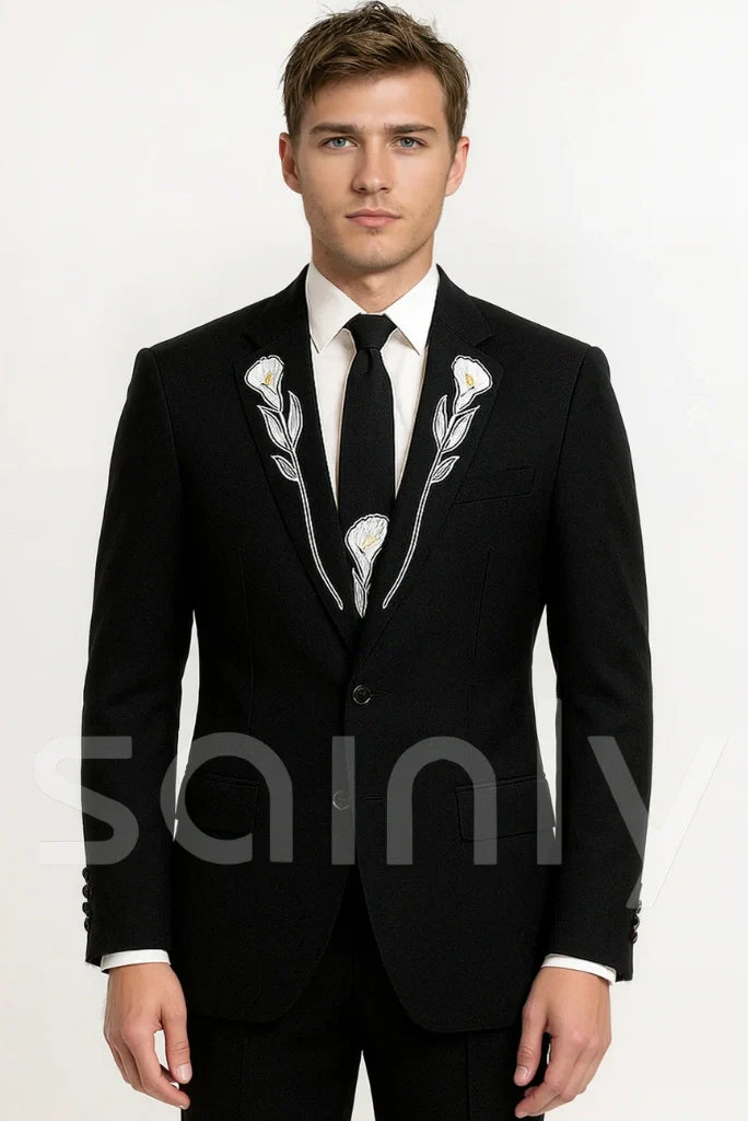 Men Customized Black Western Wear Two Piece Floral Embroidery Suits Groom Suit Wedding Cocktail Prom Party Attire