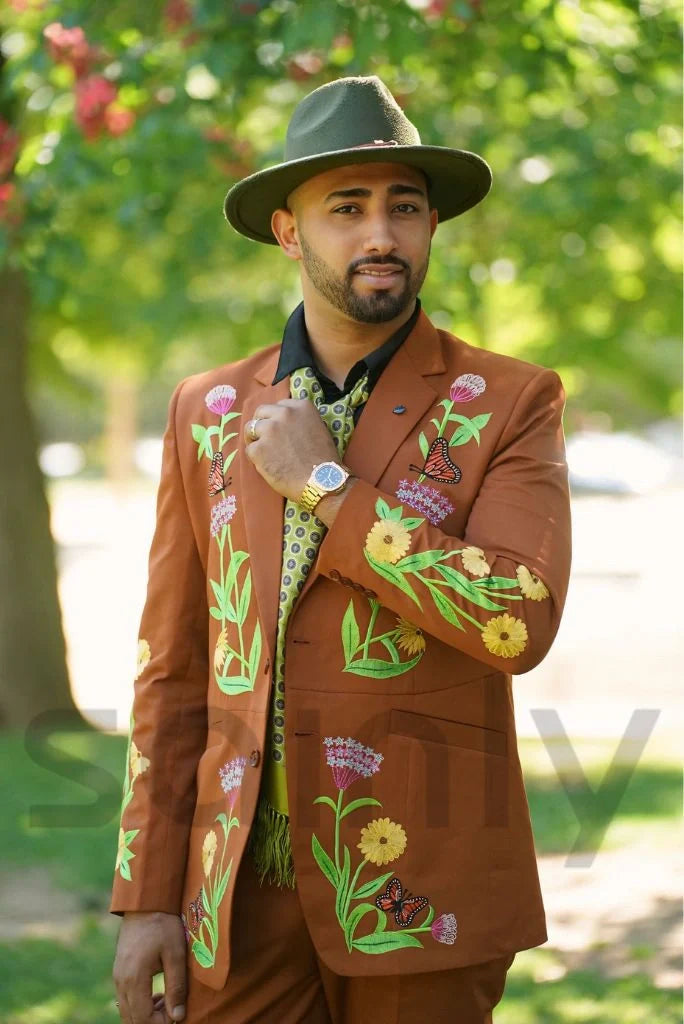Men Floral & Butterflies Designer Embroidery Suit Stylish Rust Two Piece Suit Country Western Suit Groom Suit Wedding Cocktail Party Attire