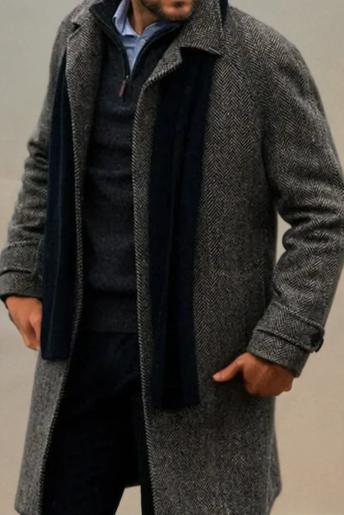 Men Grey Tweed Herringbone Overcoat Woolen Long Trench Coat Winter Wear Jacket Stylish Coat Elegant Coat Bespoke For Men