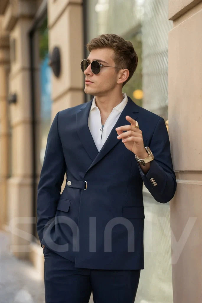Men Modern Asymmetric Belted Suit Tailored Navy Blue Two Piece Suit Designer Suit Custom Suit For Parties Cocktail Events Suit