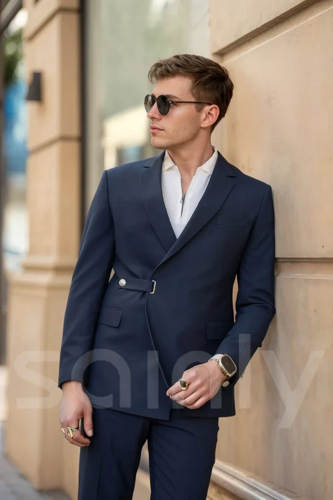 Men Modern Asymmetric Belted Suit Tailored Navy Blue Two Piece Suit Designer Suit Custom Suit For Parties Cocktail Events Suit