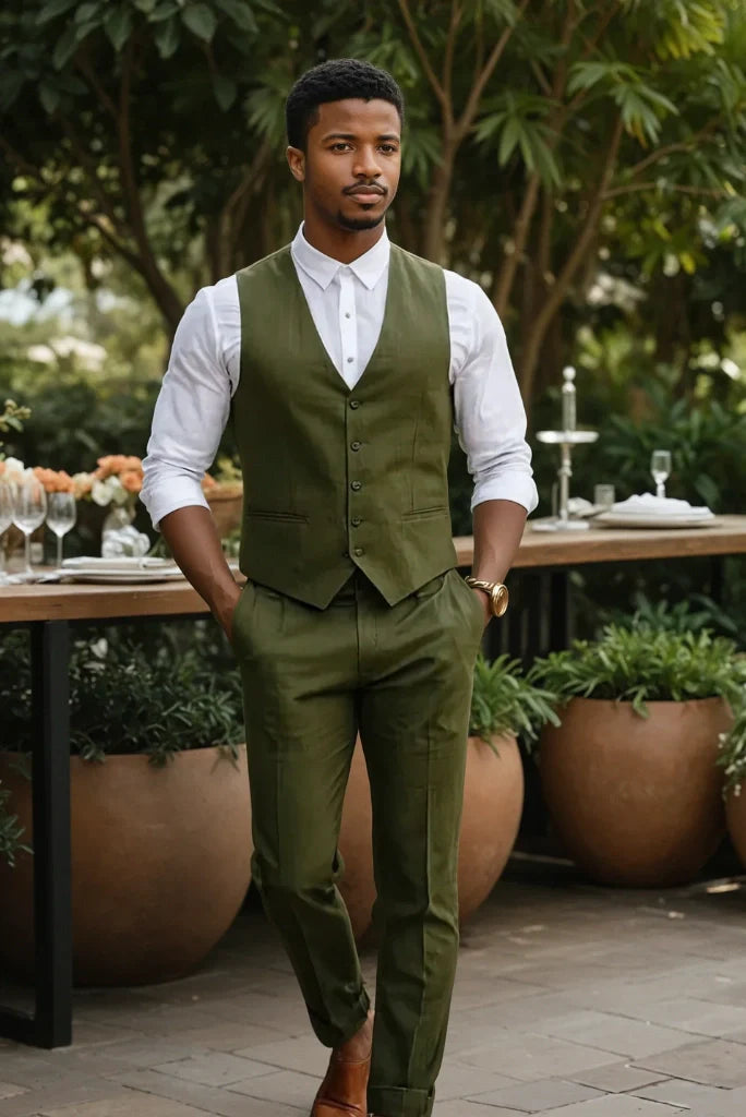 Men Olive Green Linen Waistcoat Men Party Wear Waistcoat Beach Wedding Waistcoat