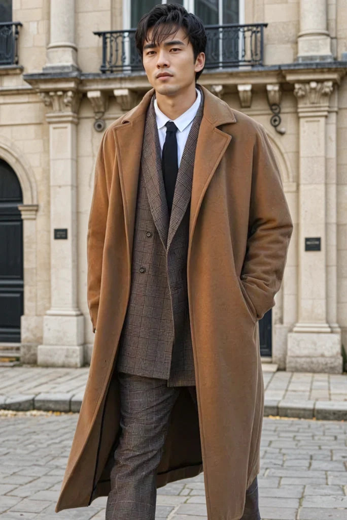Men Tweed Light Coffee Brown Winter Long Coat Stylish Trench Coat Business Professional Over Coat & A Perfect Gift For Man