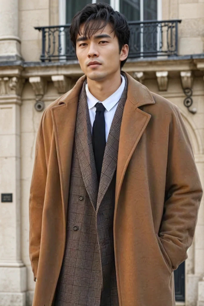 Men Tweed Light Coffee Brown Winter Long Coat Stylish Trench Coat Business Professional Over Coat & A Perfect Gift For Man