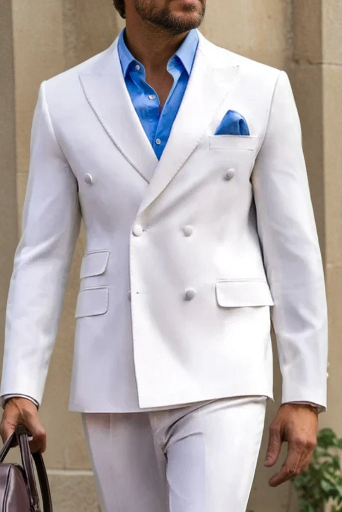 Men White Double Breasted Two Piece Suits Formal Wedding Business Dinner Party Wear Suits Special Gift For Him