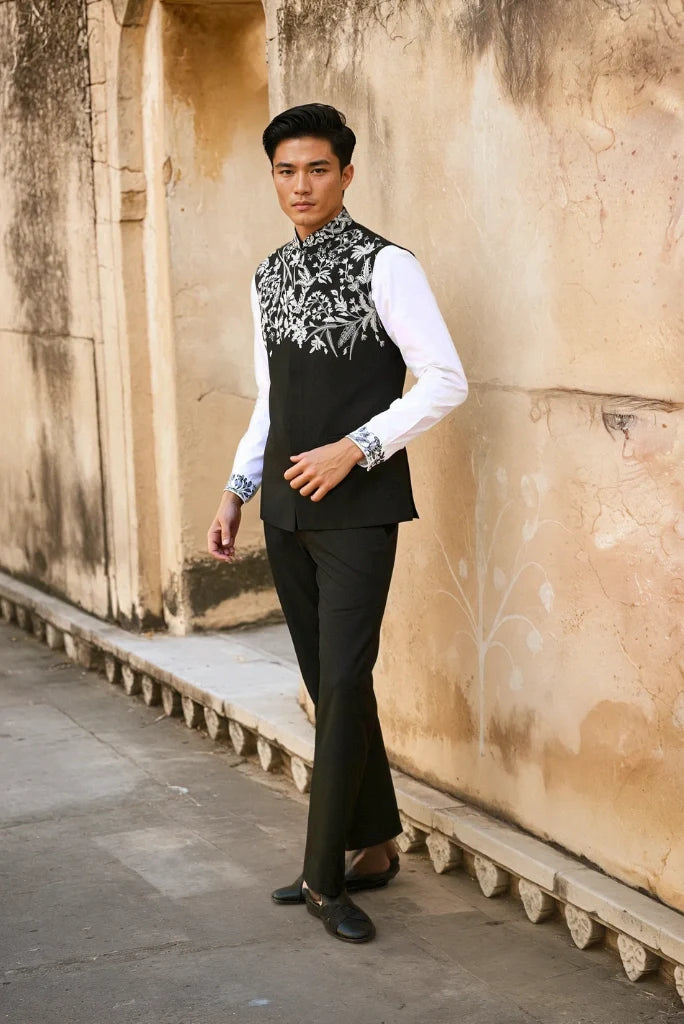 Men White Embroidery Western Suit Stylish Sleeveless Jacket With Pant Set Wedding & Festive Designer Black Suit