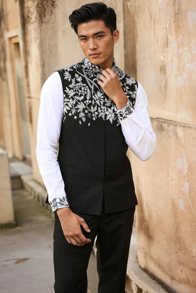 Men White Embroidery Western Suit Stylish Sleeveless Jacket With Pant Set Wedding & Festive Designer Black Suit