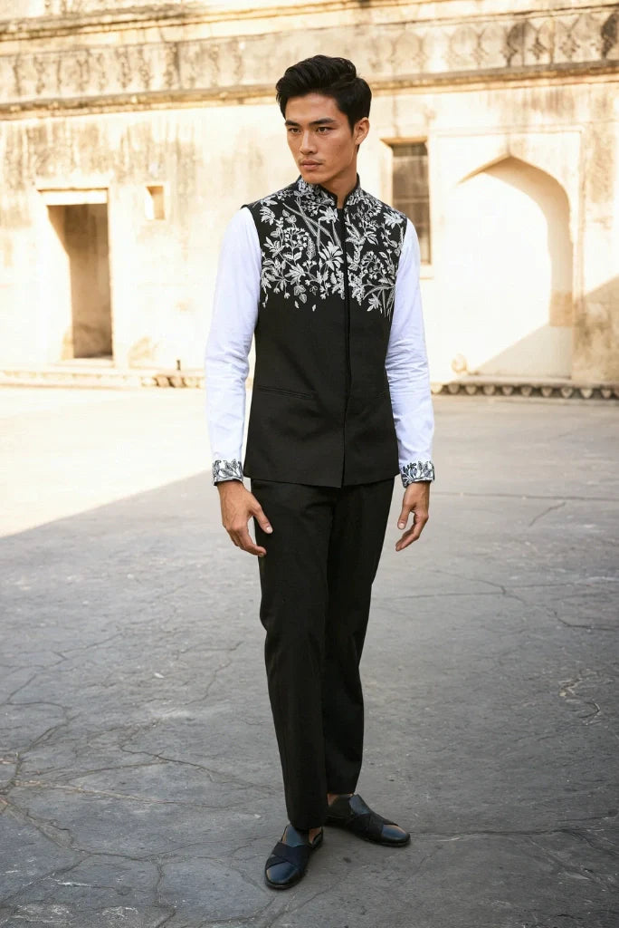 Men White Embroidery Western Suit Stylish Sleeveless Jacket With Pant Set Wedding & Festive Designer Black Suit