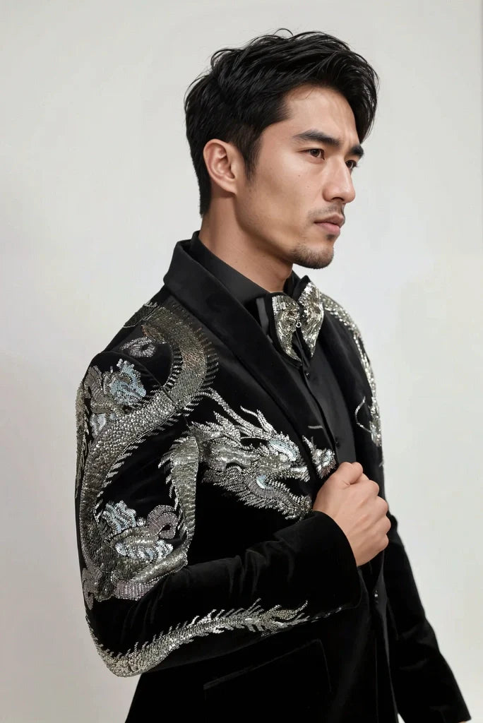 Men Black Velvet Silver Dragon Embroidery Tuxedo Two Piece Suit Designer Groom Wedding Suit & Engagement Reception Party Wear Suit
