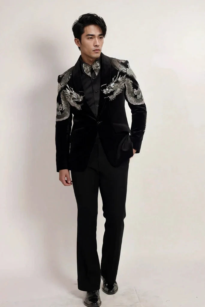 Men Black Velvet Silver Dragon Embroidery Tuxedo Two Piece Suit Designer Groom Wedding Suit & Engagement Reception Party Wear Suit
