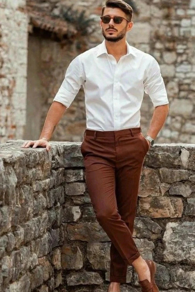 Men Elegant White Shirt & Brown Pant For Office Wear Men's Formal Shirt & Pants For Wedding