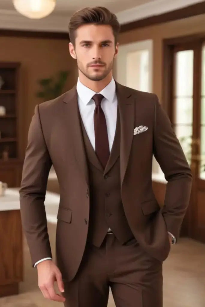 Men Coffee Brown Dinner Three Piece Suit Formal Prom Wear Suits Groomsmen Collection Wear Suits