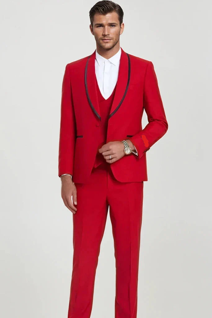 Men Red Three Piece Suit Wedding Elegant Bespoke Suit