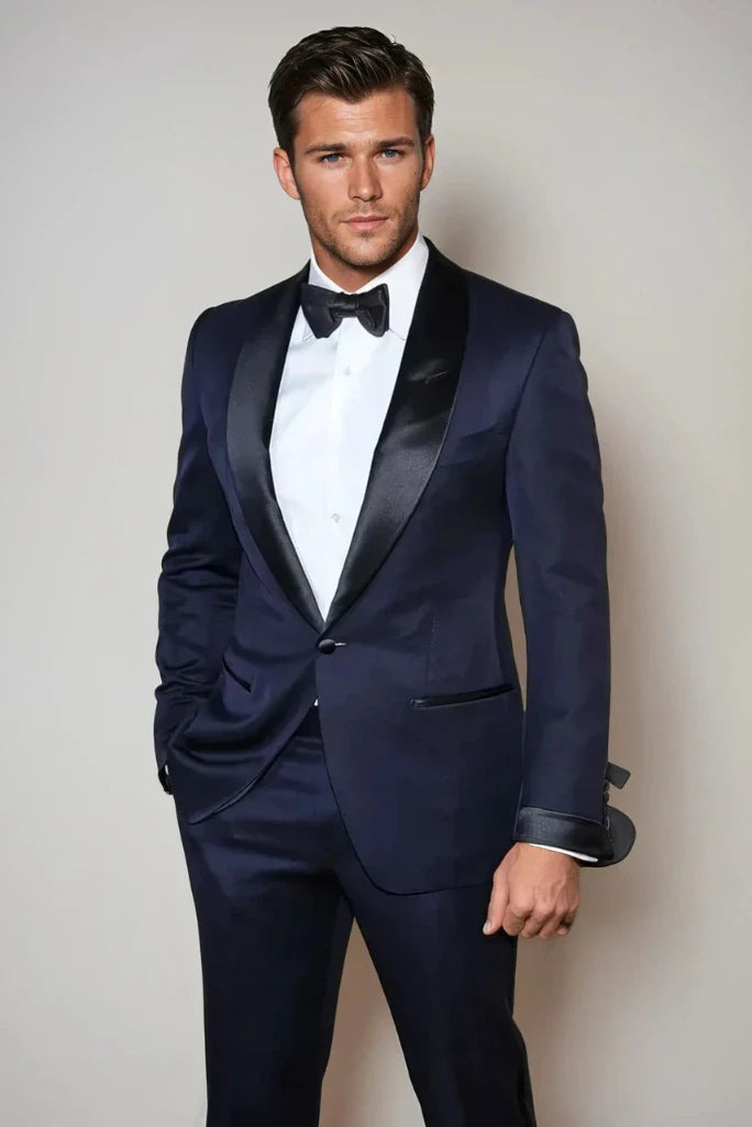 Men Navy Blue Suit Black Lapel Tuxedo Suit Stylish Wedding Coat Pant Formal Wear