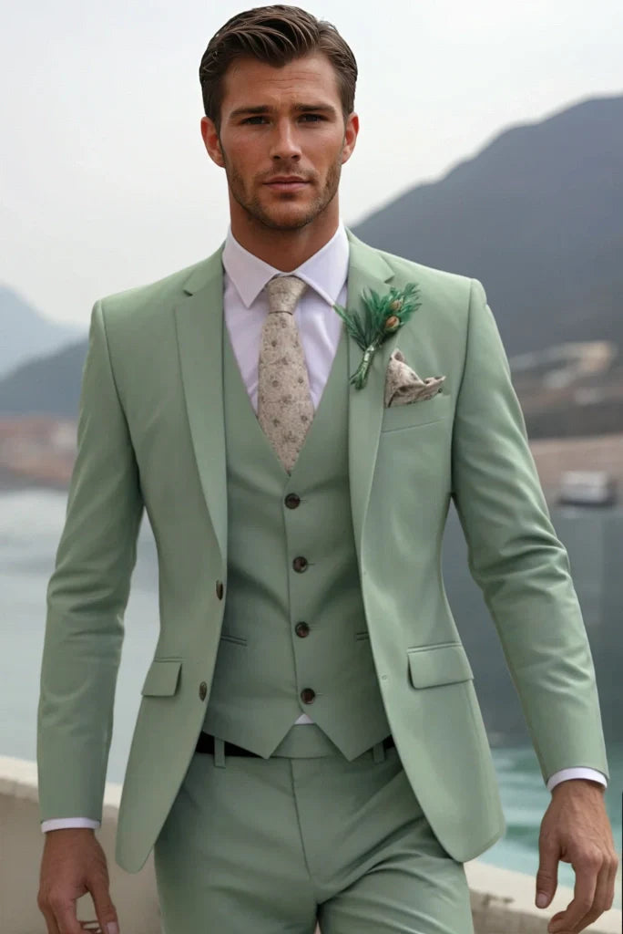 Men Sage Green Three Piece Suits For Men Wedding Prom Engagement Groom Outfit Groomsmen Attire