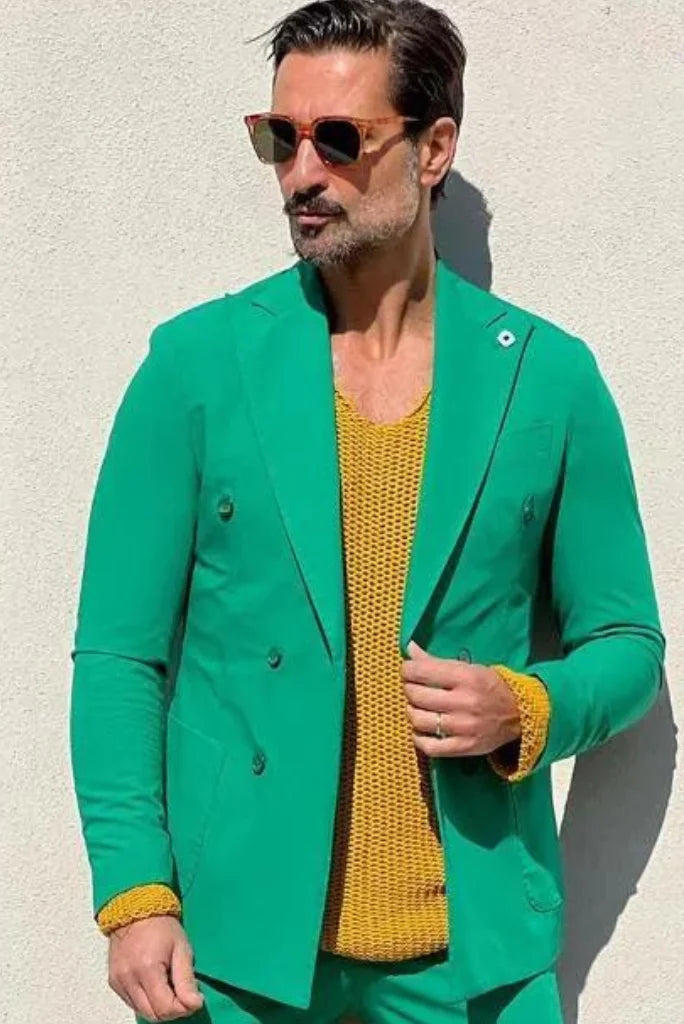 Men Double Breasted Kelly Green Two Piece Suit Formal Bespoke Wedding Wear For Him