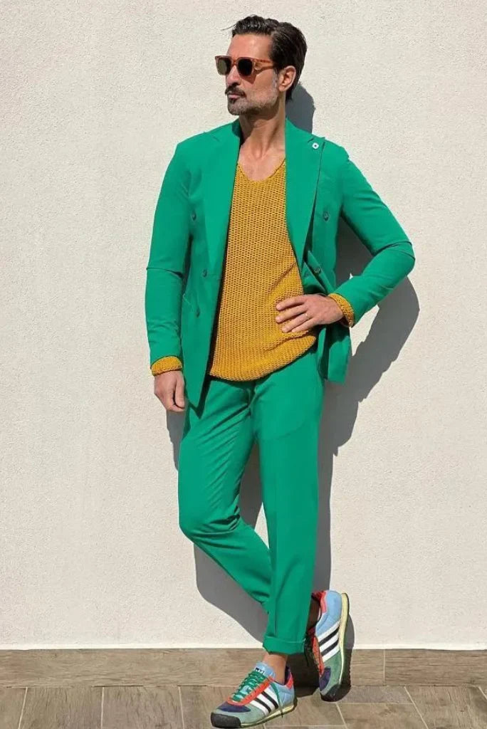 Men Double Breasted Kelly Green Two Piece Suit Formal Bespoke Wedding Wear For Him