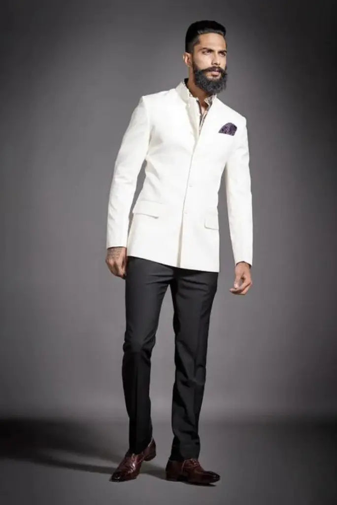 Bespoke Classic White Jodhpuri Bandhgala Suit for Men Best Buy for Formal Events Parties Weddings Suit Black Pant For Him