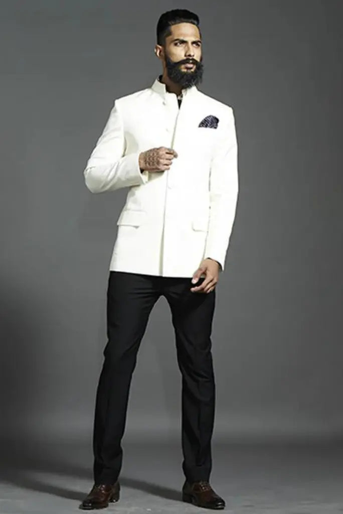 Bespoke Classic White Jodhpuri Bandhgala Suit for Men Best Buy for Formal Events Parties Weddings Suit Black Pant For Him