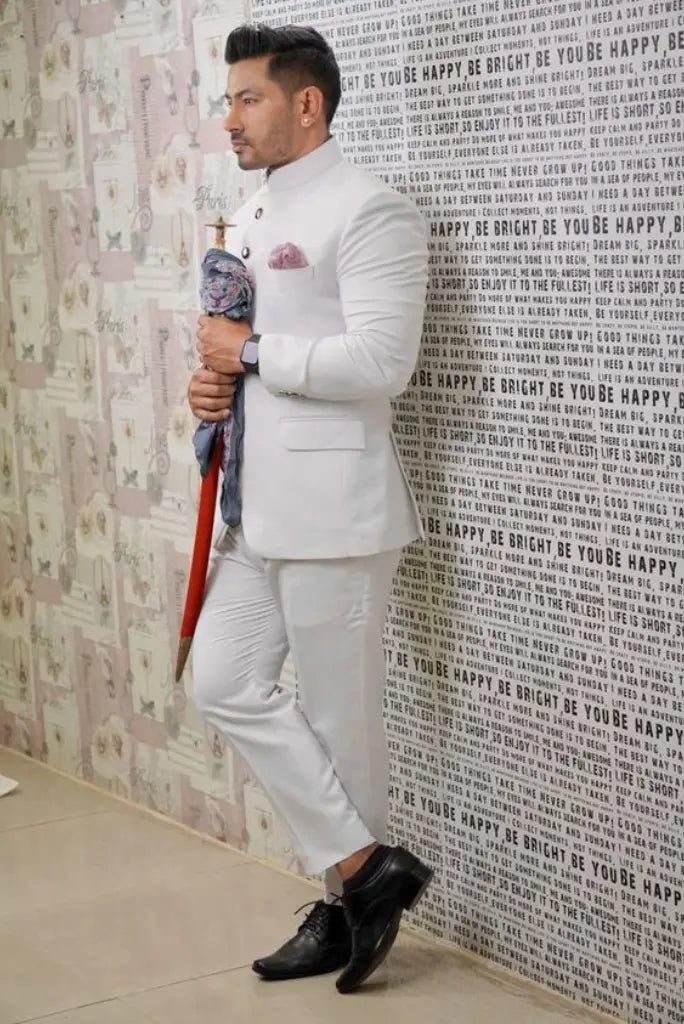Designer Stylish White jodhpuri Bandgala suit for men for wedding party reception and events and festive