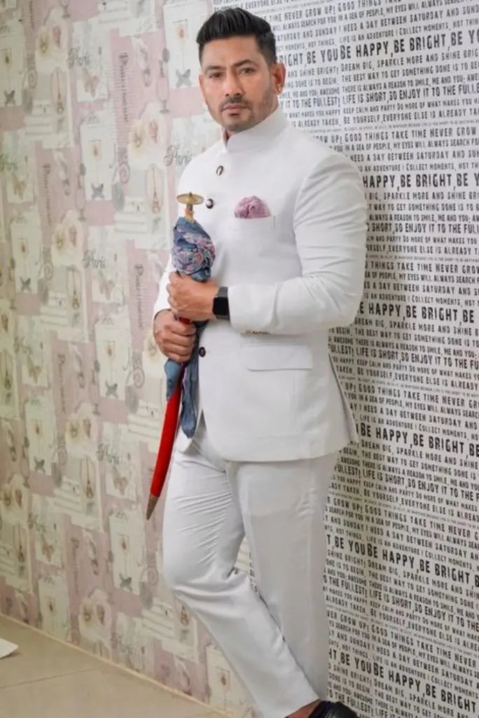 Designer Stylish White jodhpuri Bandgala suit for men for wedding party reception and events and festive