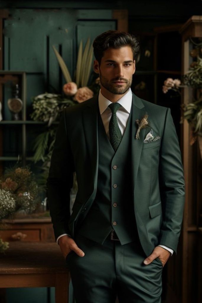 Men Green Hunter Formal Fashion Suit Three Piece Suit Slim Fit Suit Groom Men's Wear Dinner Suit For Him