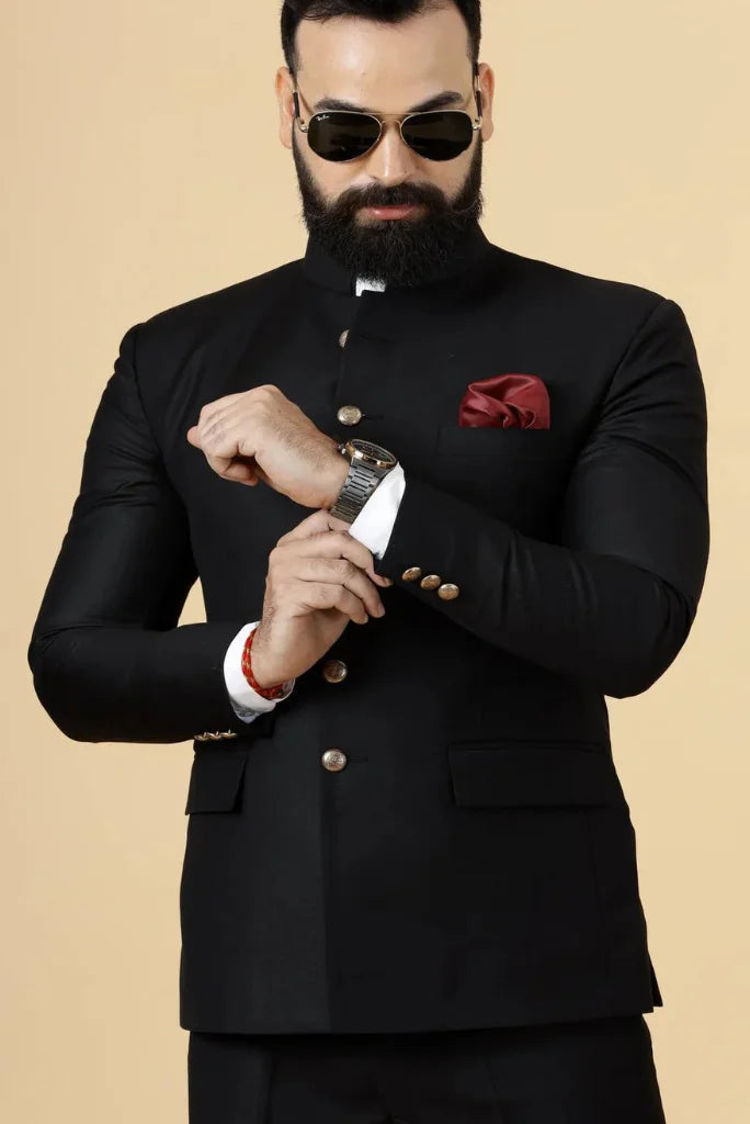 Men's Black Bandhgala Jodhpuri Designer Suit, Perfect for Wedding and Festivals