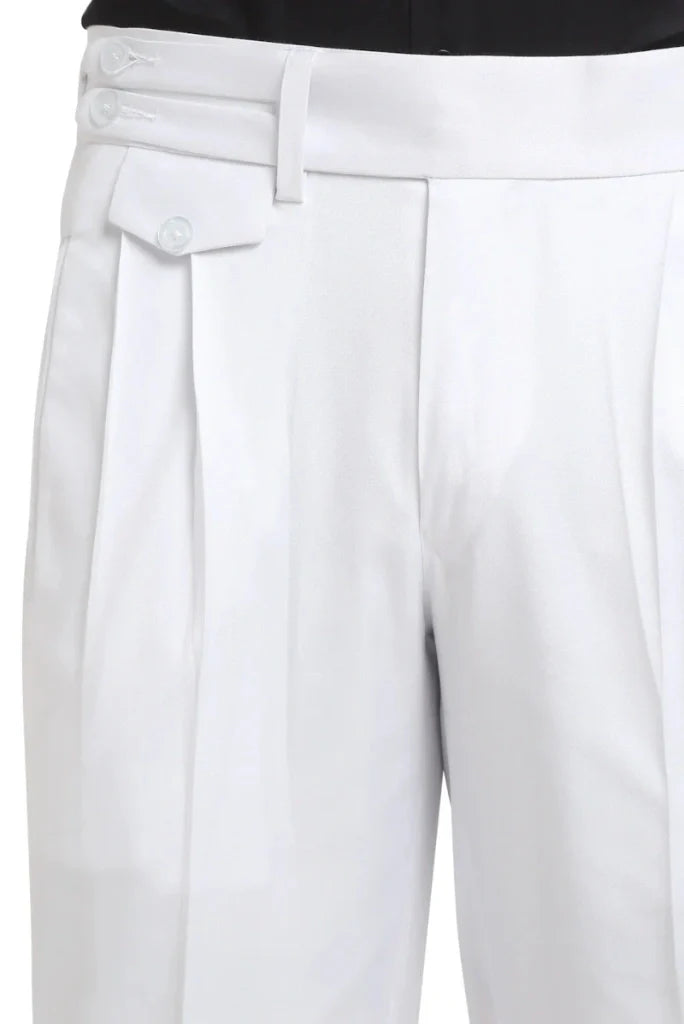 Men Gurkha White Pants High Waist Regular Fit Double Stripe 2 Button Closure Double Pleat Bottom Cuff Designer Formal Trouser