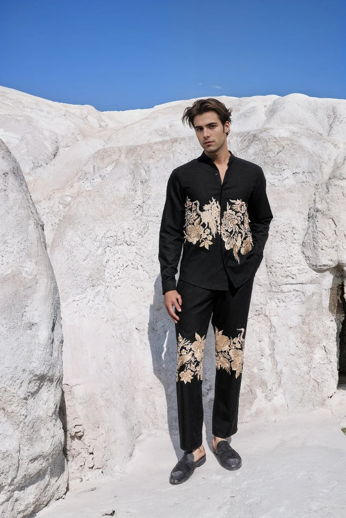 Men Elegant Placement Embroidery Black Pant Perfect For Festive Ethnic Parties Wedding Club Casual Outings Trouser