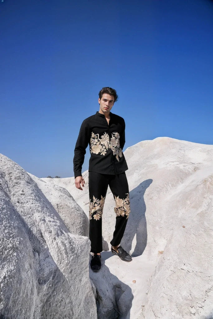 Men Elegant Placement Embroidery Black Pant Perfect For Festive Ethnic Parties Wedding Club Casual Outings Trouser