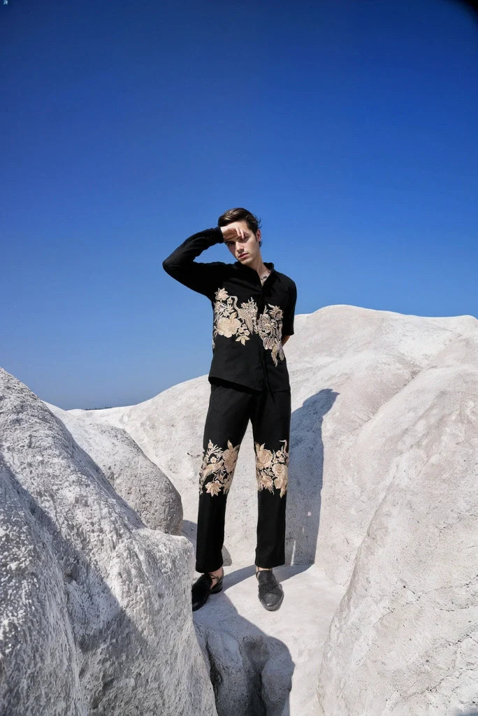 Men Elegant Placement Embroidery Black Pant Perfect For Festive Ethnic Parties Wedding Club Casual Outings Trouser