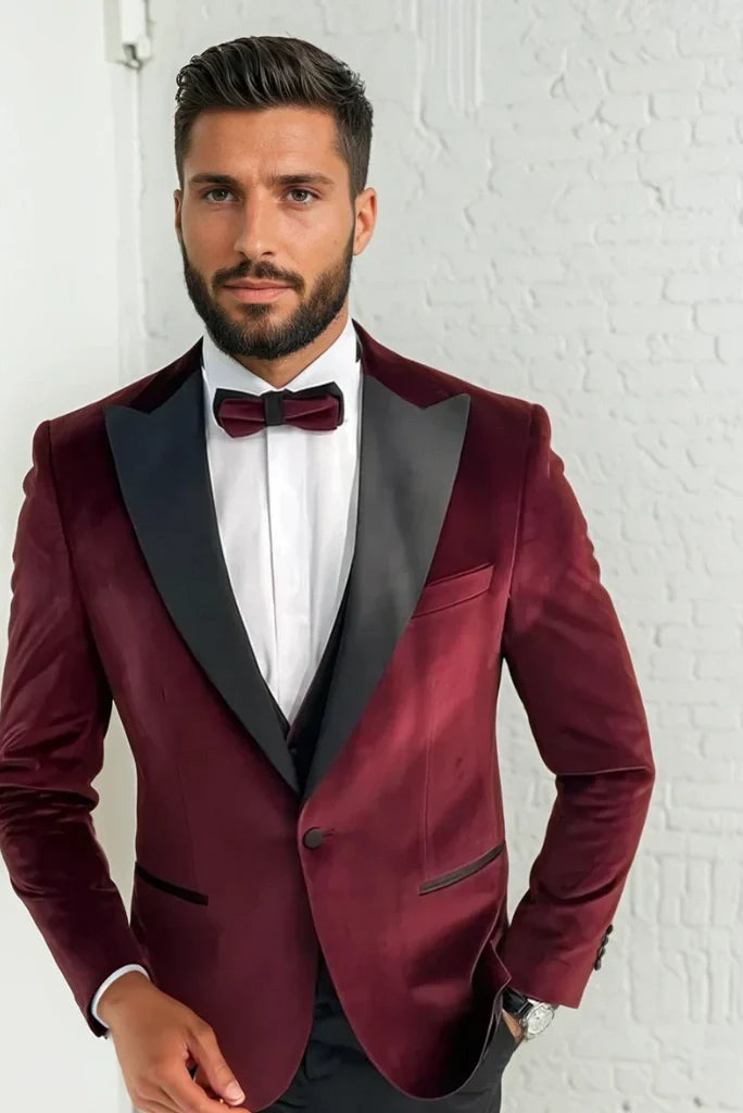 Men Designer 3 Piece Tuxedo Suits Maroon Slim Fit Elegant Formal Fashion Suit Groom Wedding Stylish Suit Bespoke For Men
