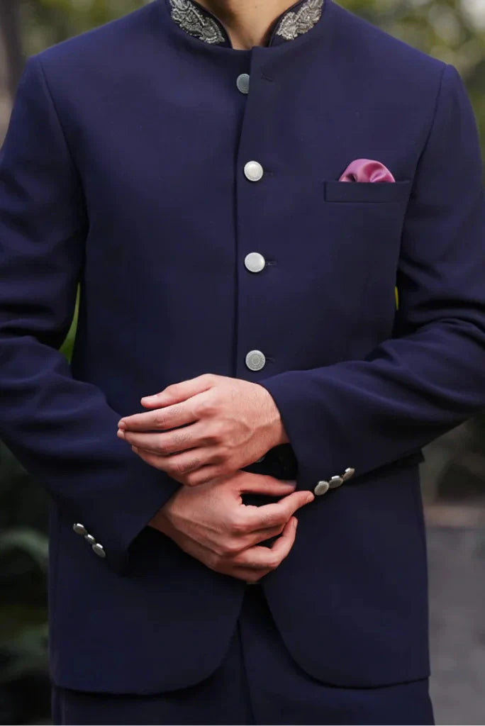 Men Navy Blue Embroidered Jodhpuri Bandhgala Suit For Special Groom Wedding Suit & Reception Sangeet Engagement Suit