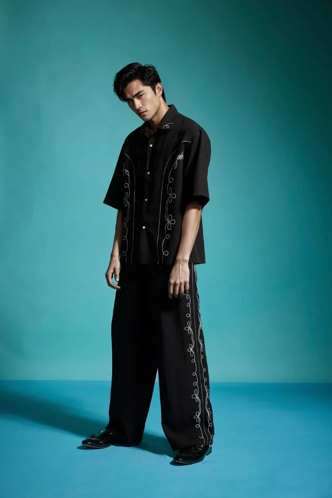 Men Thread Embroidery Loose Fit Elegant Black Pant Perfect For Beach Party Formal Weddings Travel Trouser