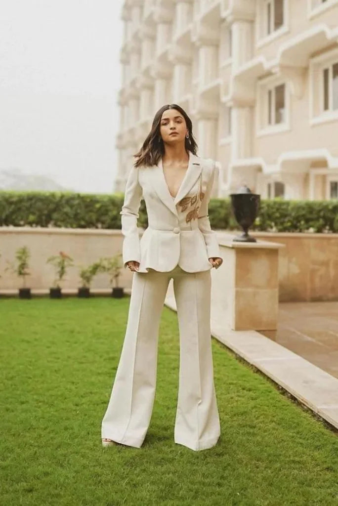 Designer White Embroidery Blazer Suit For Women, Peplum Styled blazer and Fit Flare Pant for Christmas and Bridesmaid
