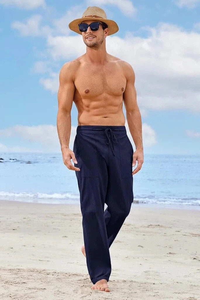 Men Navy Blue Cotton Trouser Casual Lightweight Elastic Waist Trouser Summer Beach Long Trouser For Men's